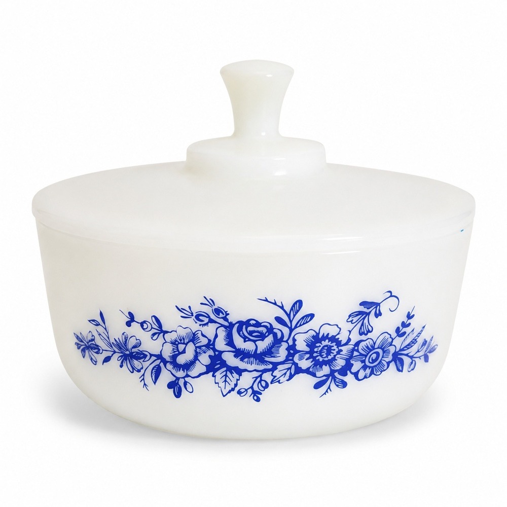 Federal Glass Blue Onion Casserole Dish 2.5qt White Blue Excellent Mid Century